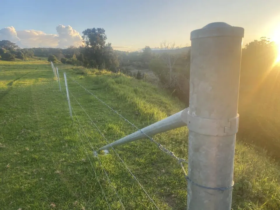 Galvanised steel strainer post and wire fence running along a grassy paddock at sunset